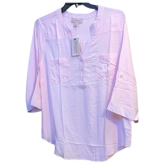 Philosophy Woman Tunic Top Pink 1X RollTab Long Sleeve Band Collar Pockets NWT - Picture 3 of 7